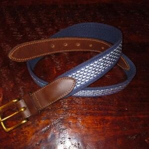 Vineyard Vines Whale Club Belt Navy and Brown with Gold Buckle Sz 32